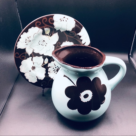 Gatesware Other - Laurie Gates Gatesware Pitcher Robin Egg Blue with Cocoa Brown Flowers NO PLATE
